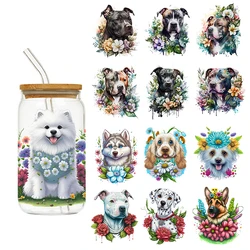 LETOP 1PCS Dogs With Flowers 3D UV DTF Transfers Stickers 16oz Cup Wraps For DIY Glass Ceramic Metal Washable Cup Wrap Label