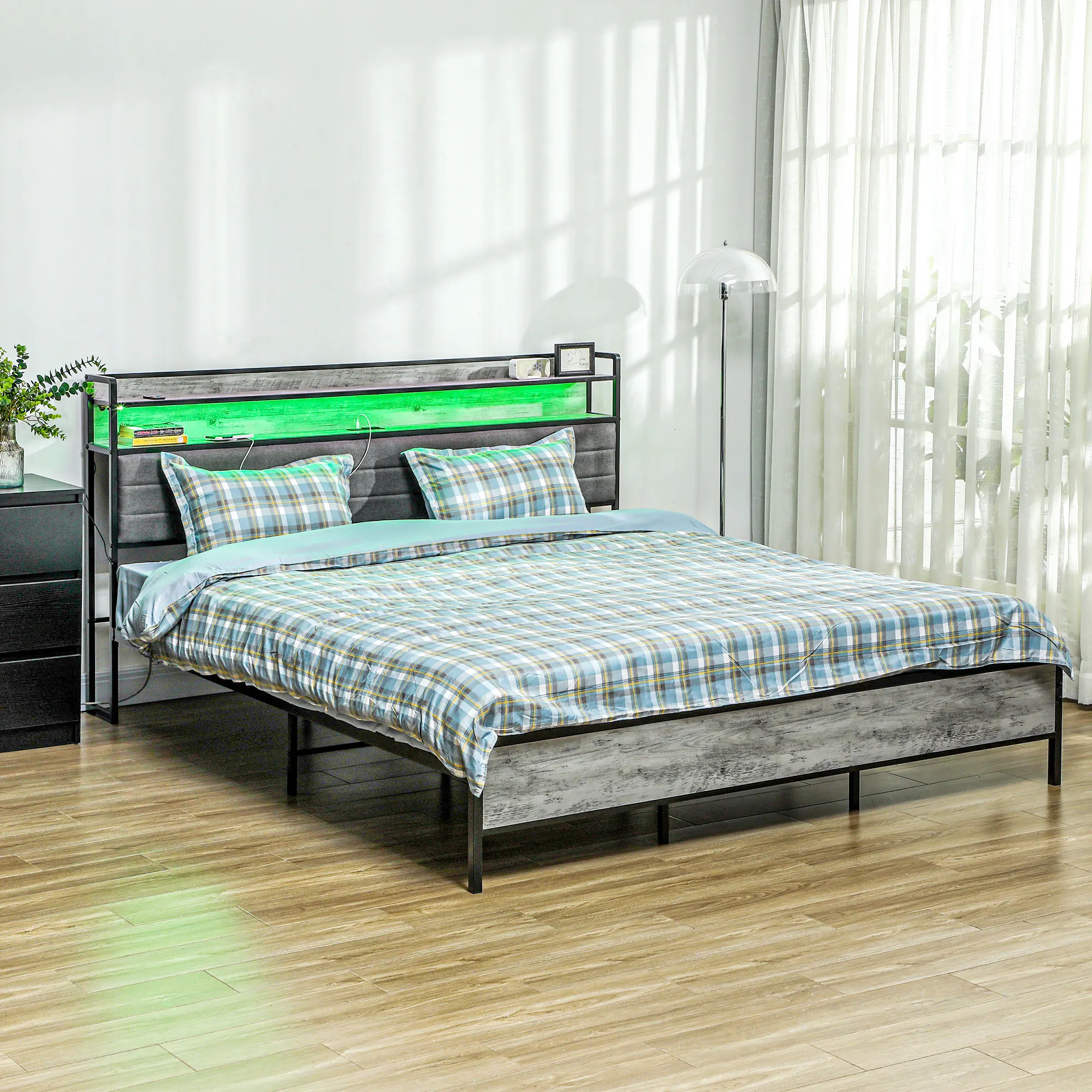 

Светодиодный каркас кровати размера Homcom King Size с зарядной станцией изголовья, цементно-серый