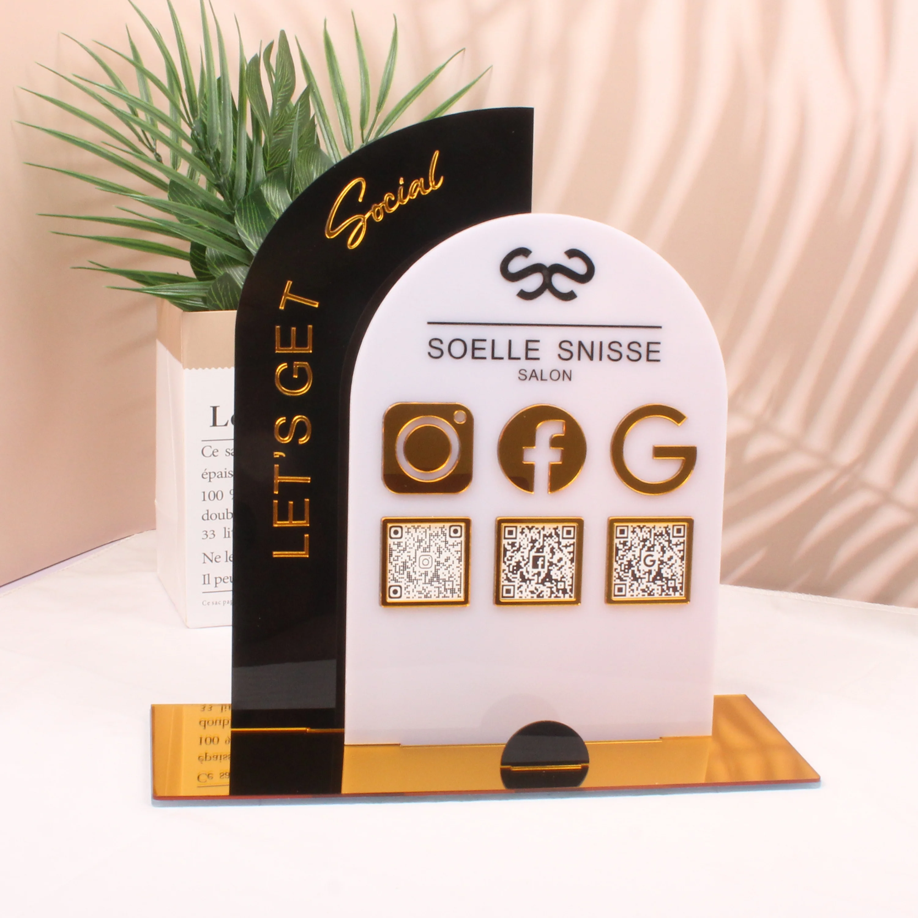 Business Social Media Signs Scan QR Code Personalized Follow Standing Acrylic Gold Icon Plate Business Card Holder