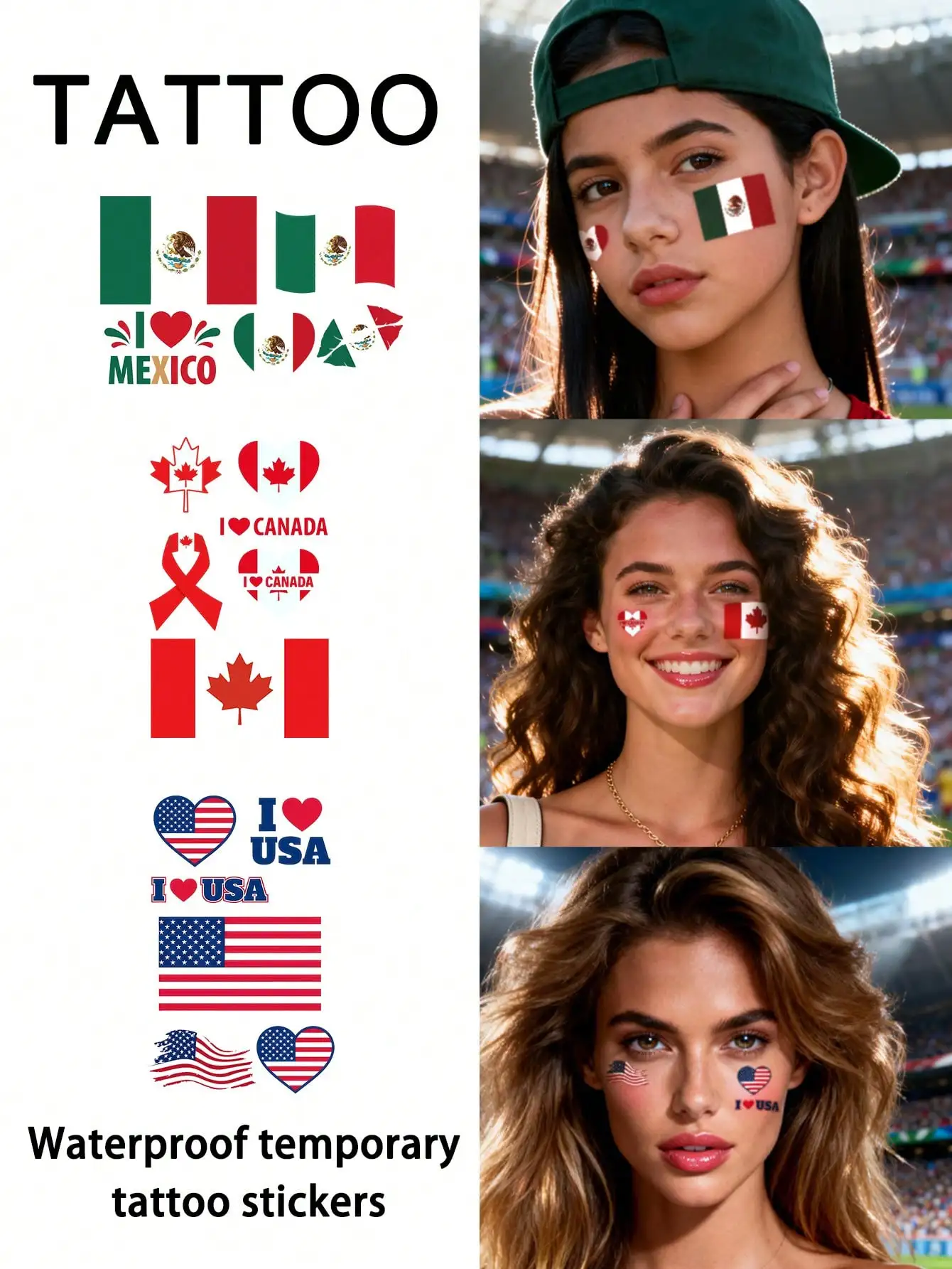 1Pc Flag Tattoo Temporary Tattoo USA Canada Mexico Football Waterproof Sweatproof Disposable For Women And Mem Face, Arm, Waist,
