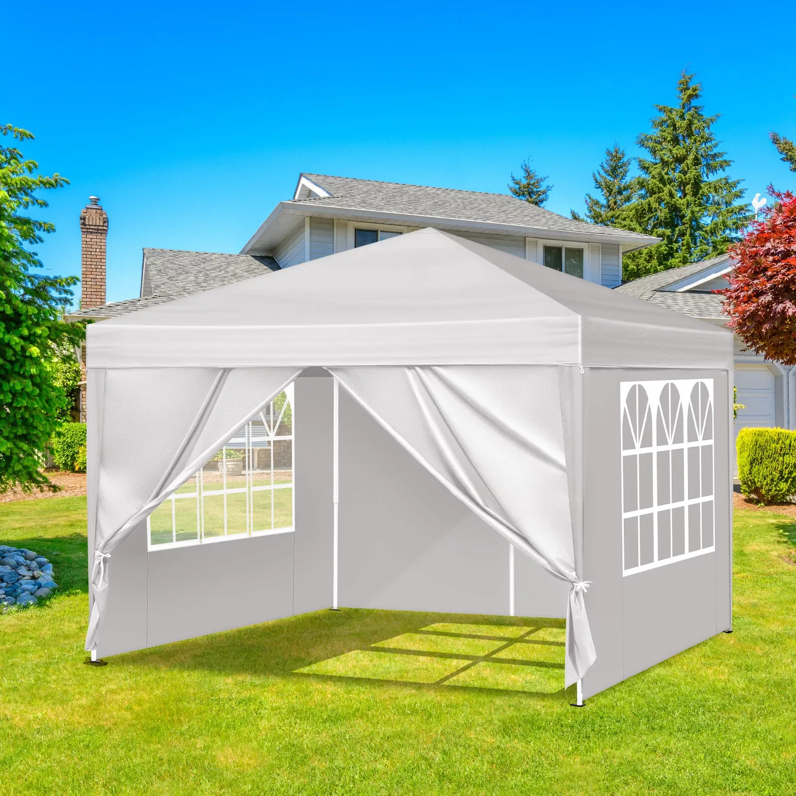 US White EZ pop-up Gazebo party tent roof waterproof belt with 4 detachable walls-