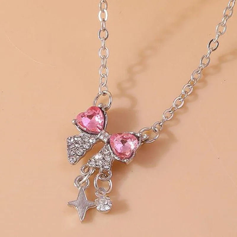 

Sweet Pink Bow Necklace Ladies Fashion Sparkling Rhinestone Star Shape Pendant Clavicle Chain Delicate Wedding Accesories