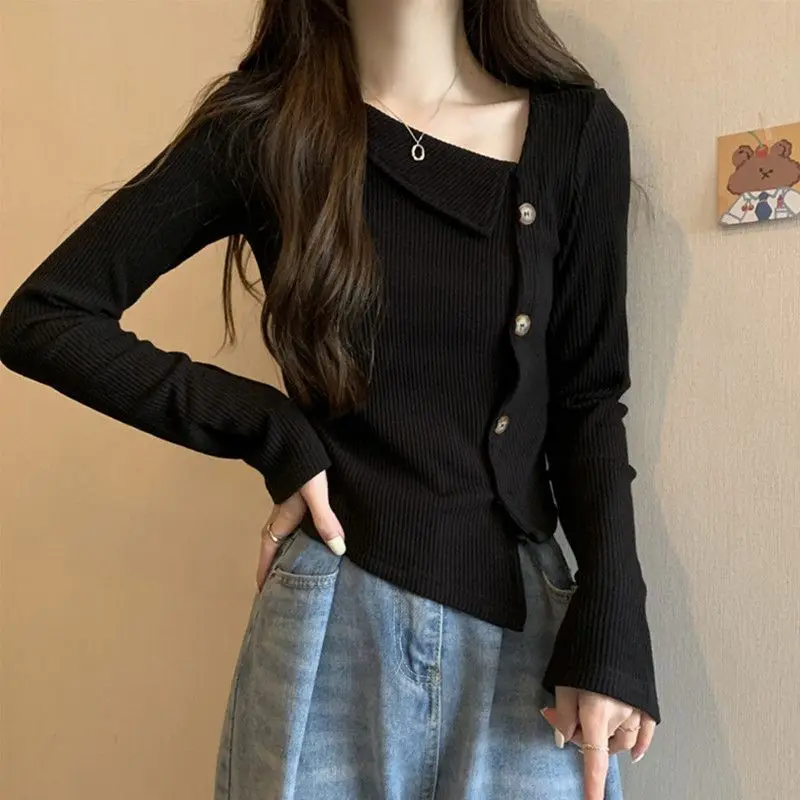 Y2K Skew Collar Asymmetrical Button Chic Slim Long Sleeve Tee T Shirts Femmes Spring Autumn Korean Fashion All Match Tops Female