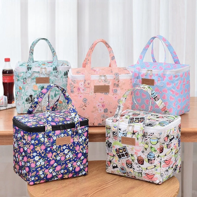BYMONDY Square Large Cooler Bag for Women Floral Lunch Bags Picnic Food Meal Storage Container Family Party Lunch Box Portable