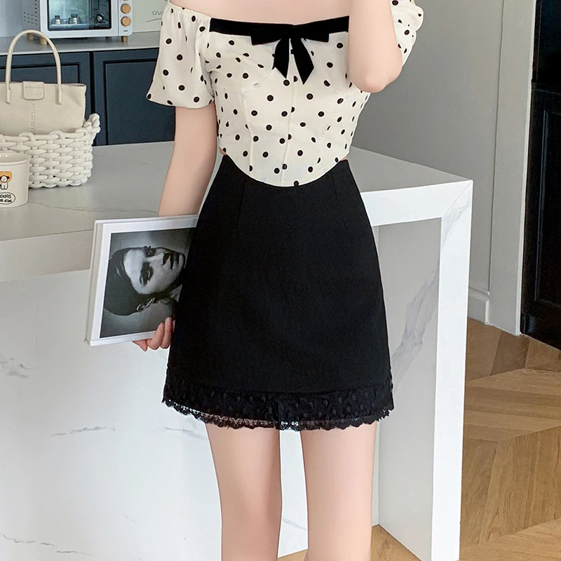 Fashion Summer Lace Mini Skirt Women High Waist A-line Splicing Bodycon Preppy Kawaii Skirts Woman Blue Black Yellow Jupe Short