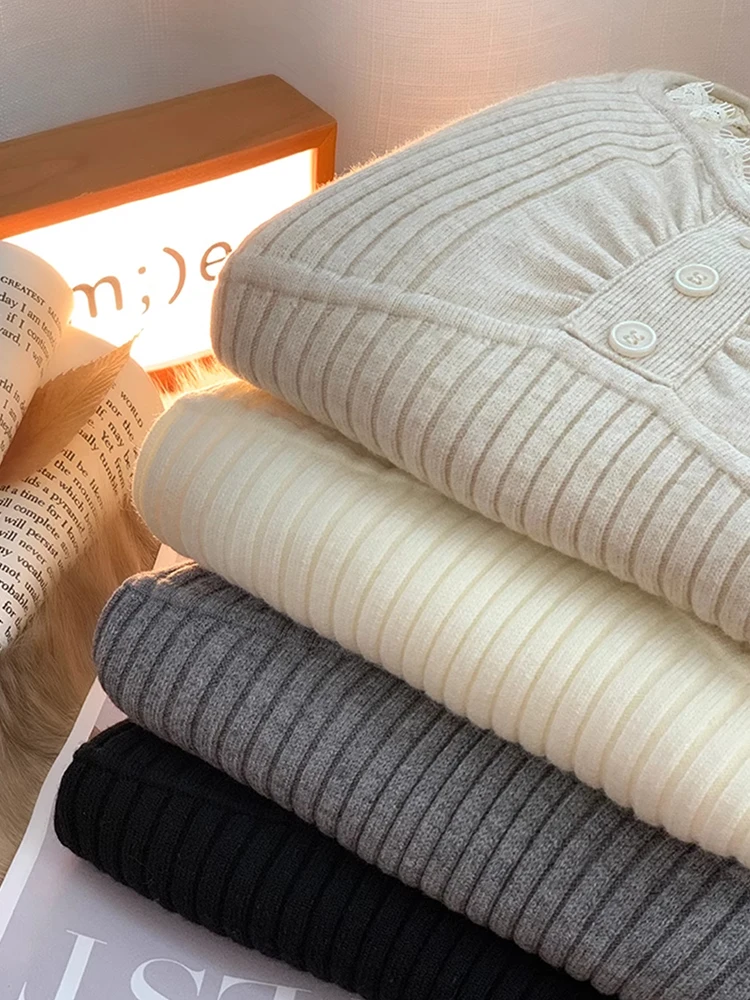 Kemeja Dasar Rajutan Tambal Sulam Renda Gaya Korea untuk Wanita Pakaian Sweter Bottoming Kasual Ramping Lengan Panjang Musim Gugur