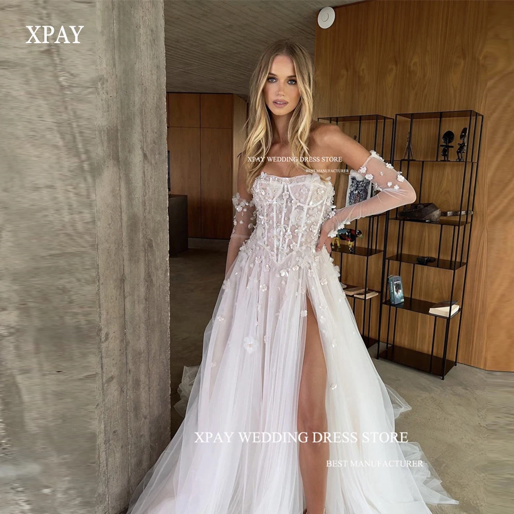 XPAY 2023 gaun pernikahan putri A Line gaun pengantin Boho renda bunga Tulle Split ekor gaun pengantin lengan panjang jubah de mariee