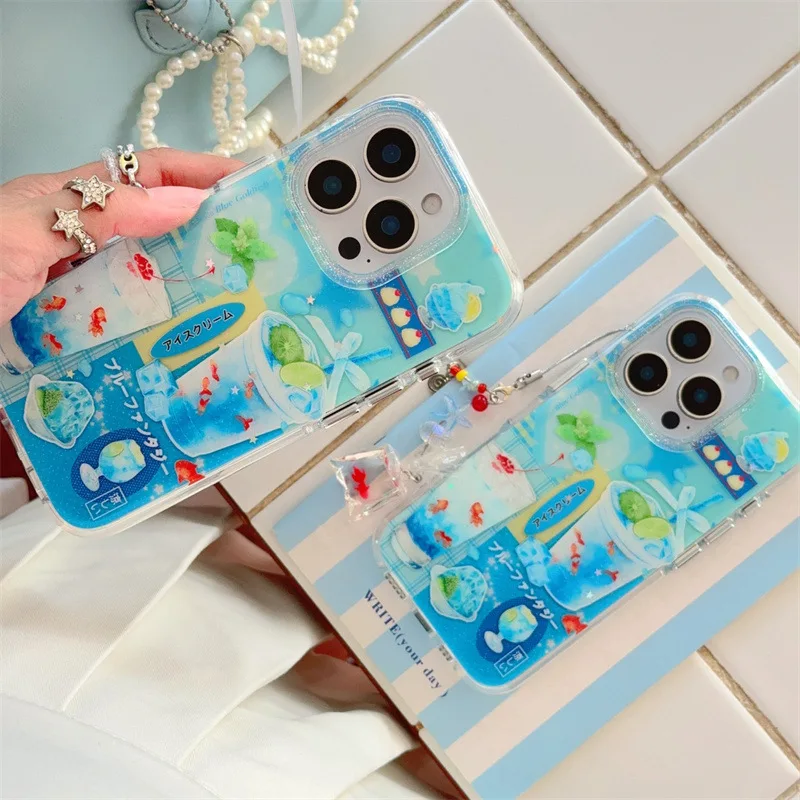 الليمون الصودا البوب الجليد بارد منعش ذهبية الفن جراب هاتف آيفون 16 15 14 13 برو ماكس حافظة لطيف الحلو الفاخرة الكرتون غطاء