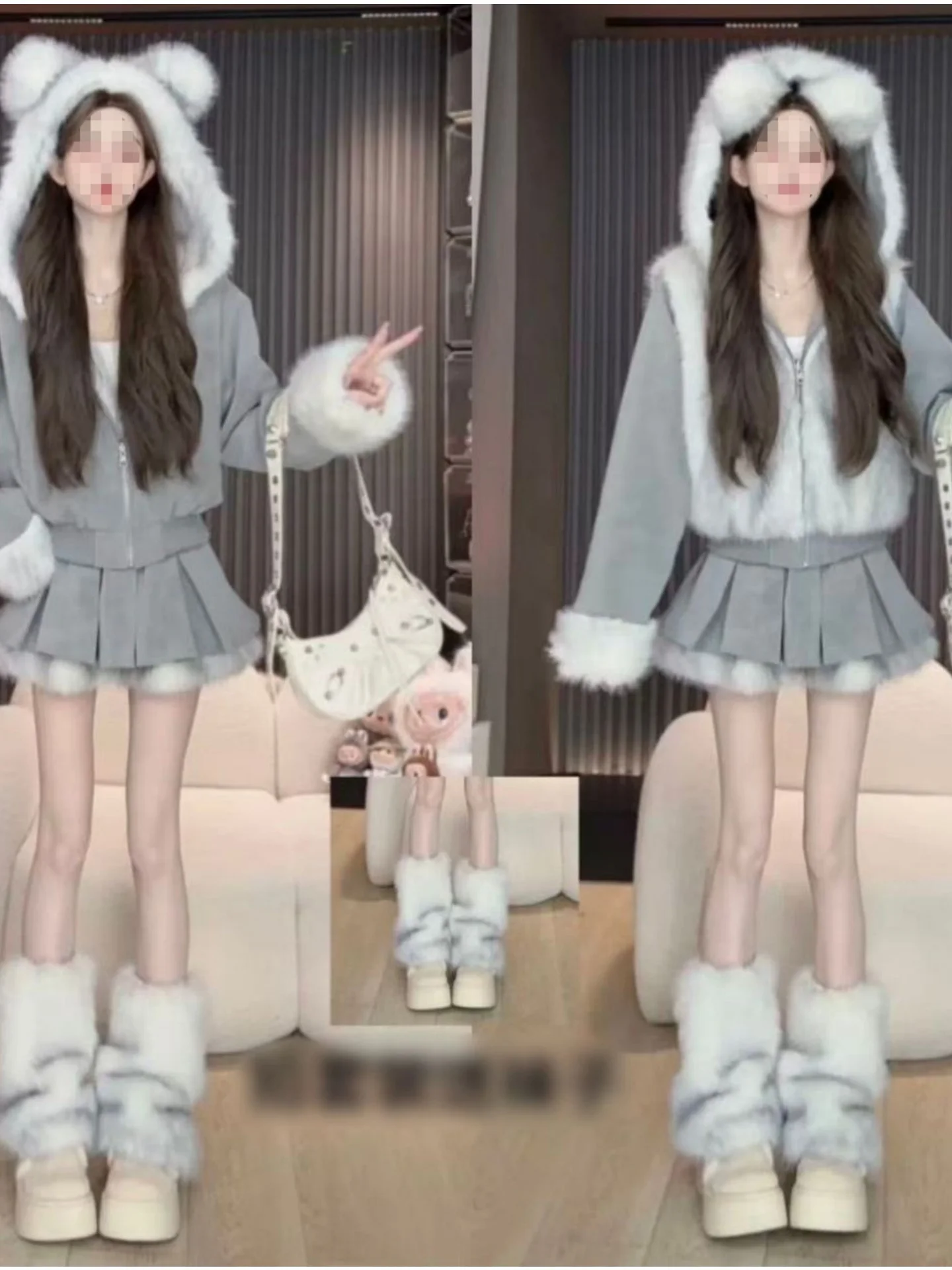 

Теплый зимний комплект с капюшоном и ушками кролика, женский плюшевый комплект из двух предметов, модный свободный новый комплект, женский элегантный комплект с длинными рукавами из хлопка