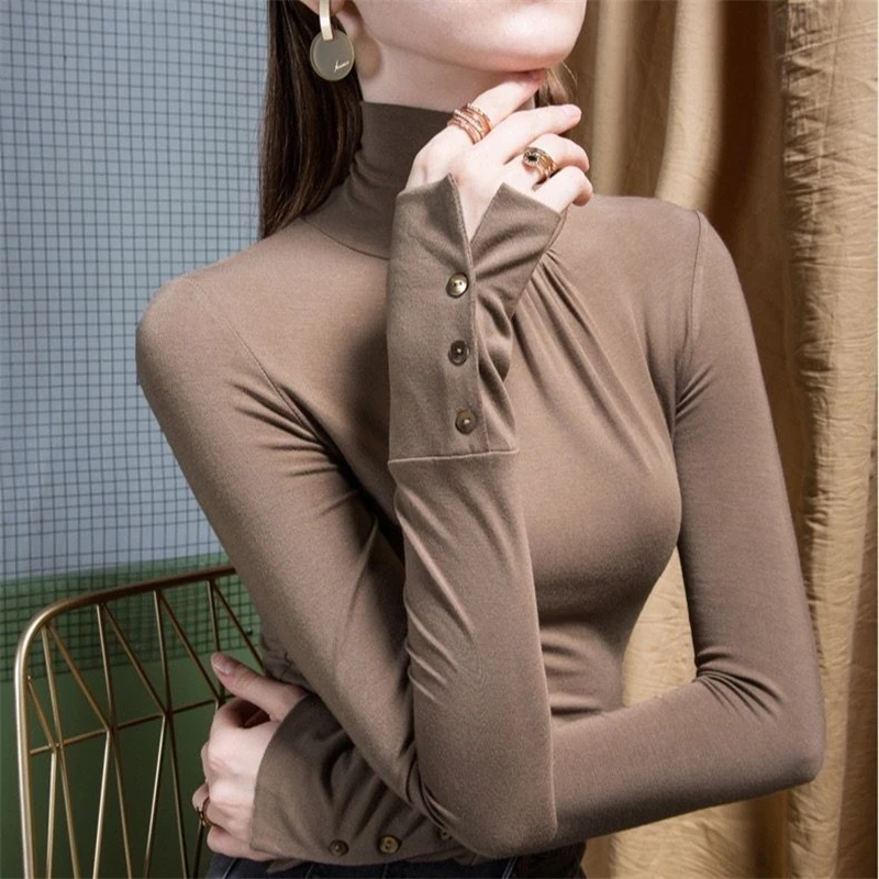 Womens Clothing 2023 Autumn Winter Fashion Elegant High Collar Thick Basic Tops Female Solid Long Sleeve Slim All Match T-shirts