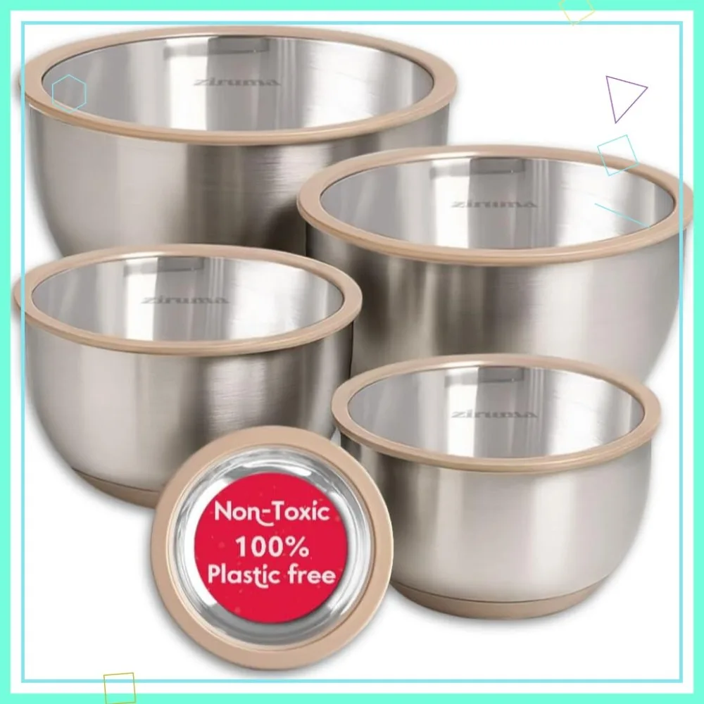 

Non-Toxic Mixing Bowls with Lids, Stainless Steel & Glass Set, 5 Pcs Dishwasher Safe Bowls with Silicone Base