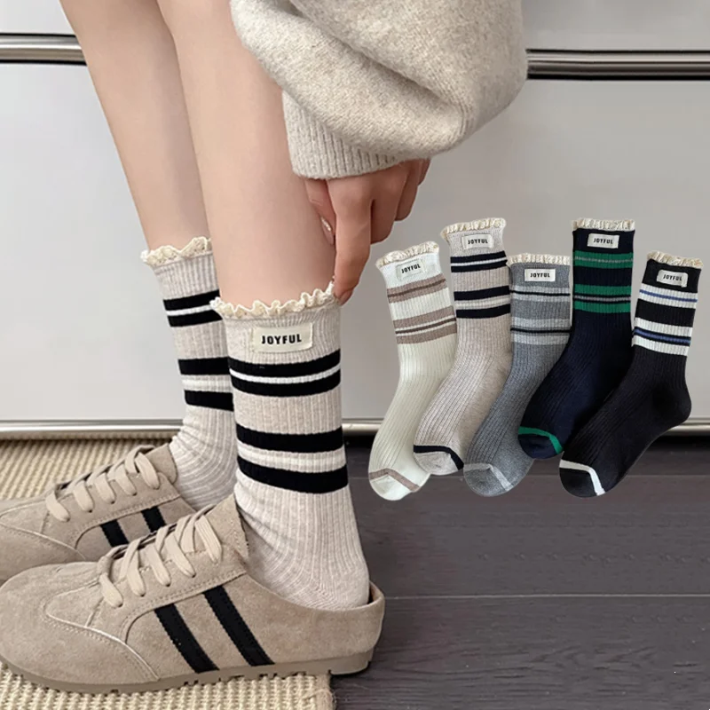 

Lolita Ruffle Socks Women Color Matching Fashion Striped Women Socks Autumn and Winter Japanese JK Cotton Middle Tube Socks Sox