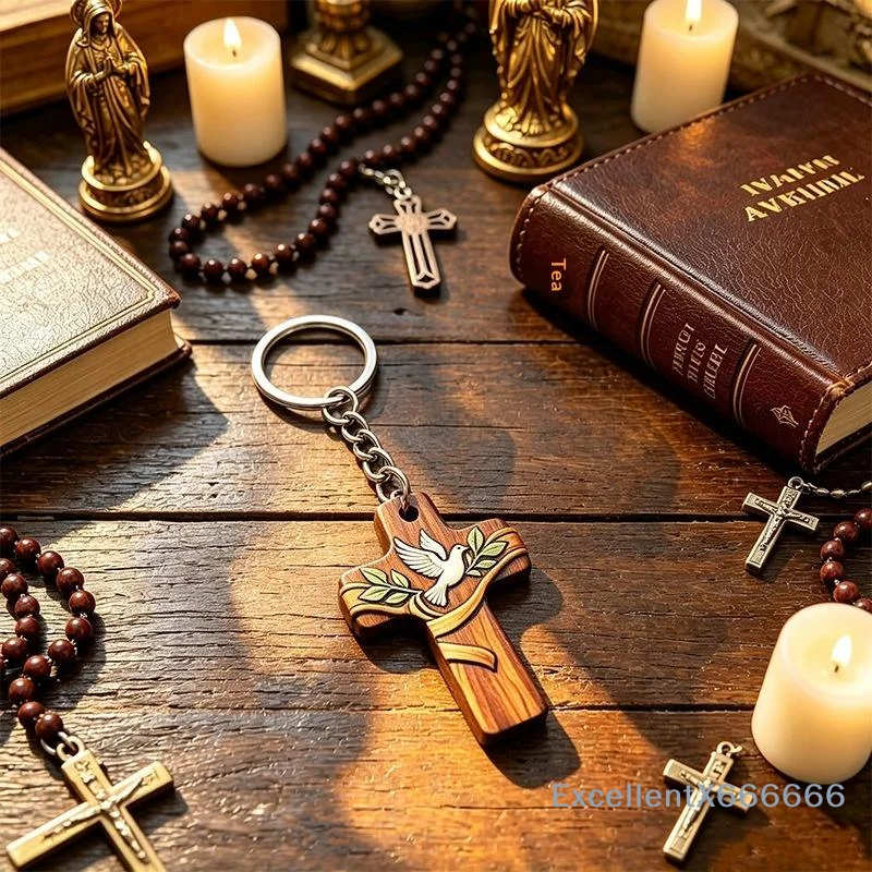 1/3pcs/1set Religious Wood Cross Keychain Favor Bulk Dove Print Organza Bags Tags Baptism Church Wedding Mini Guest Gift Suppli