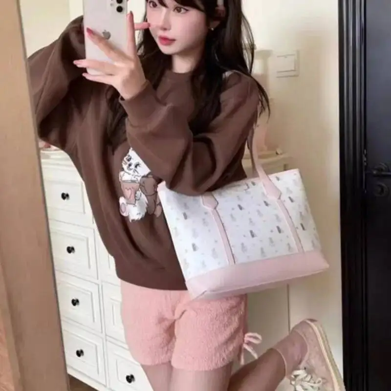 Bloom Haruku Aesthetic Print Handbag Women Versatile Large Capacity Shoulder Bags Wallet Female Retro Pink Tote Bag 2025