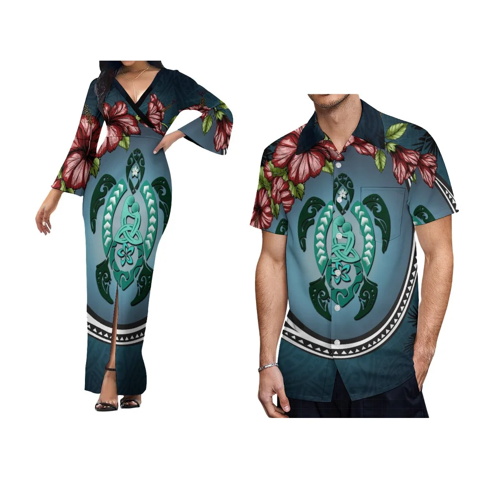 Hawaiian Islands Custom Couple Set Women'S Tight Skirt Men'S Shirt Polynesian Art Print Custom Temperament V-Neck Slit Skirt