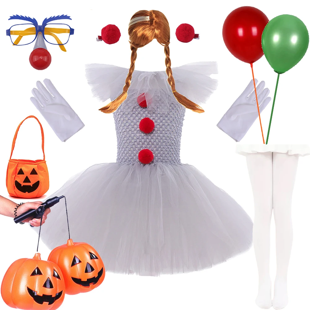 

2024 Girl Clown Dress Halloween Costumes Jester Mesh Carnival Easter Clothes The Clown Returns Costume Halloween Cosplay for Kid