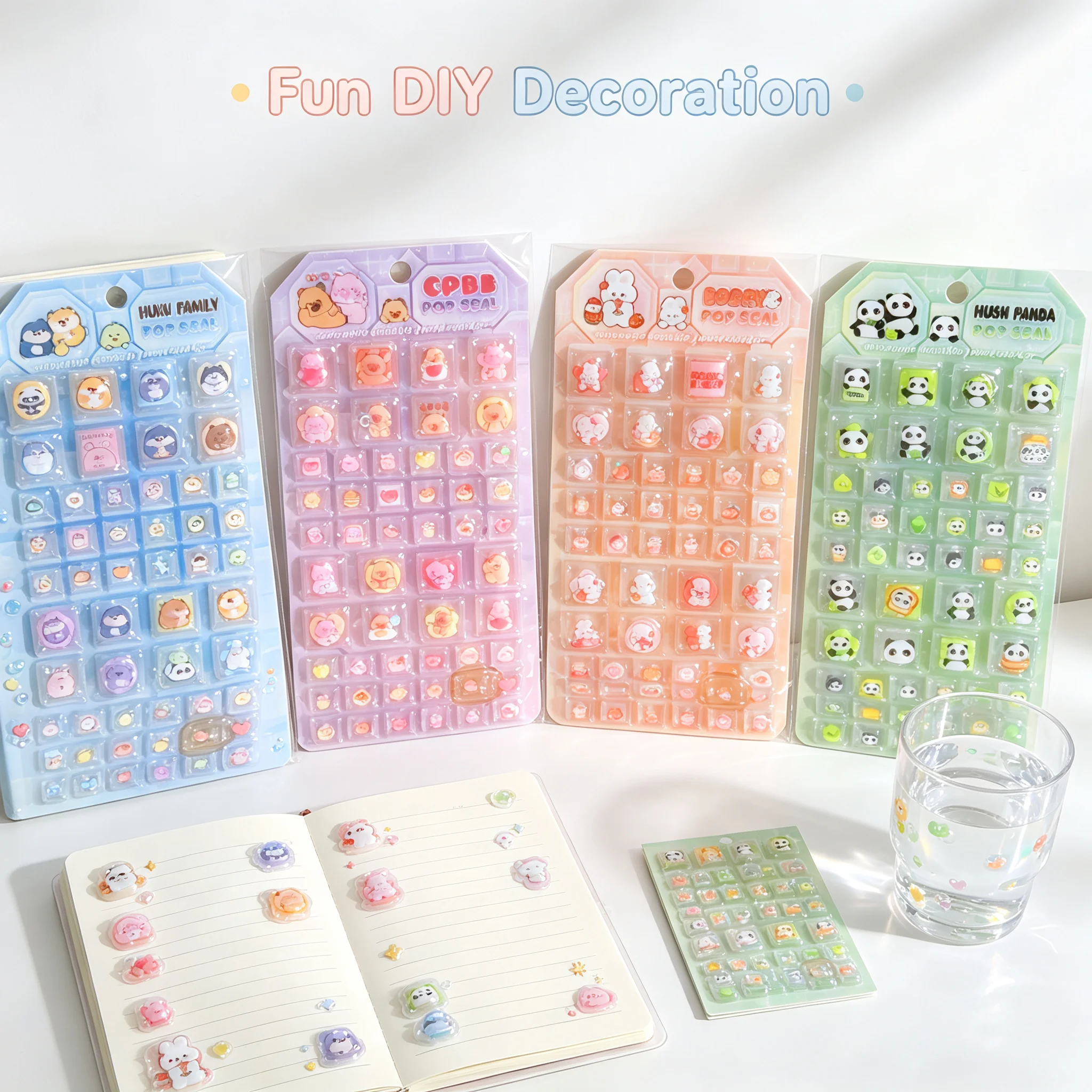 4Sheets Cute Cartoon Animal 3D Mini Square Raised Self-Adhesive Waterproof Decorative Stickers for Journal Scrapbook DIY Crafts