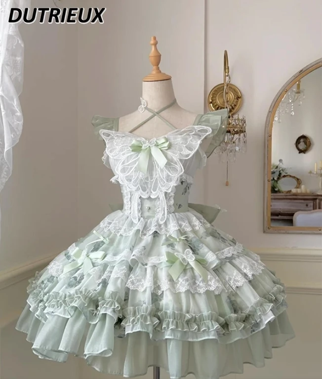 Biało-zielony motyl świeża księżniczka dziewczyna sukienka urodzinowa Lolita śliczne słodkie koronkowe krótkie sukienki bez rękawów z wysokim stanem