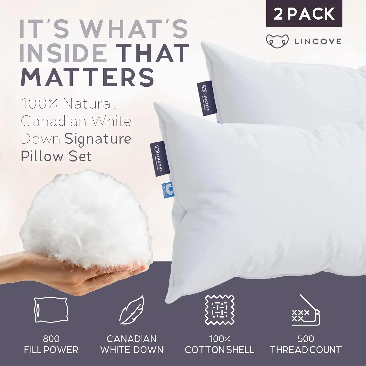 Signature 100% Natural Canadian White Down Luxury Sleeping Pillow - 800 Fill Power, 500 Thread Count Cotton Shell,