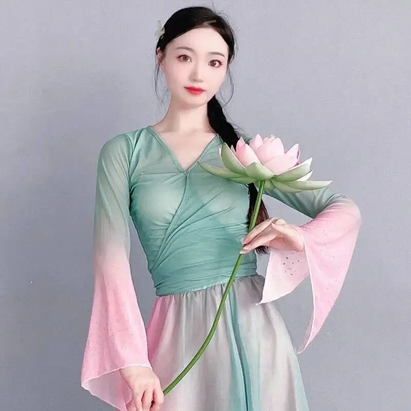 Classical dance new national style gradual change hot diamond culottes gauze practice performance suit