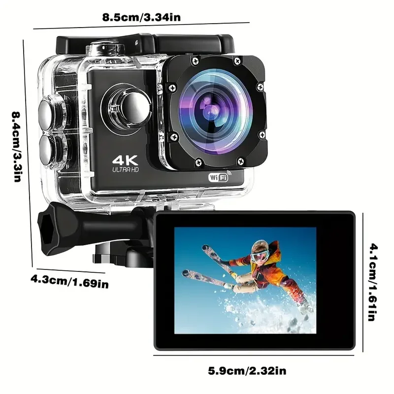 Ultra HD Action Camera with Video Recording, Waterproof Camera, Sports Camera, 4K, 30fps, WiFi, 2.0 \