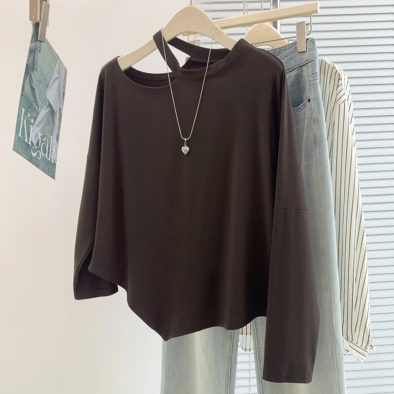 Spring Autumn Korean Design Base Layer Shirt Outwear Irregular Small Detail Versatile Pure Color T-Shirt Ladies Fashion