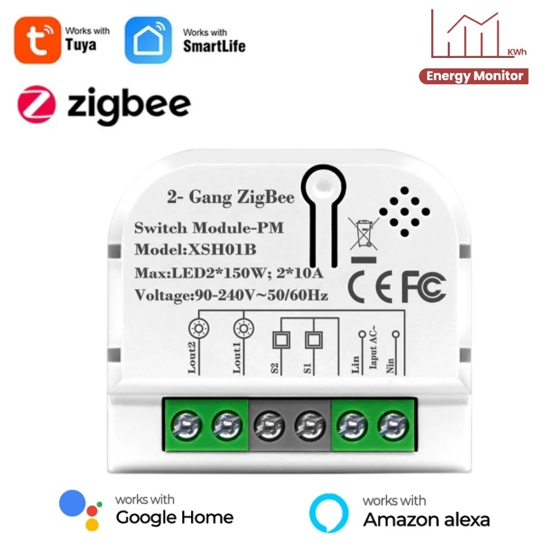 2 Gang Tuya Smart ZigBee Switch Light Module Electricity Energy Monitor Timer Works with Google Home Alexa Need Zigbee Hub