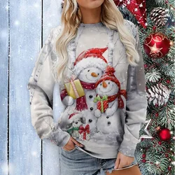 2024 new European and American Christmas snowman 3D printed women's round neck long sleeved autumn casual pullover top