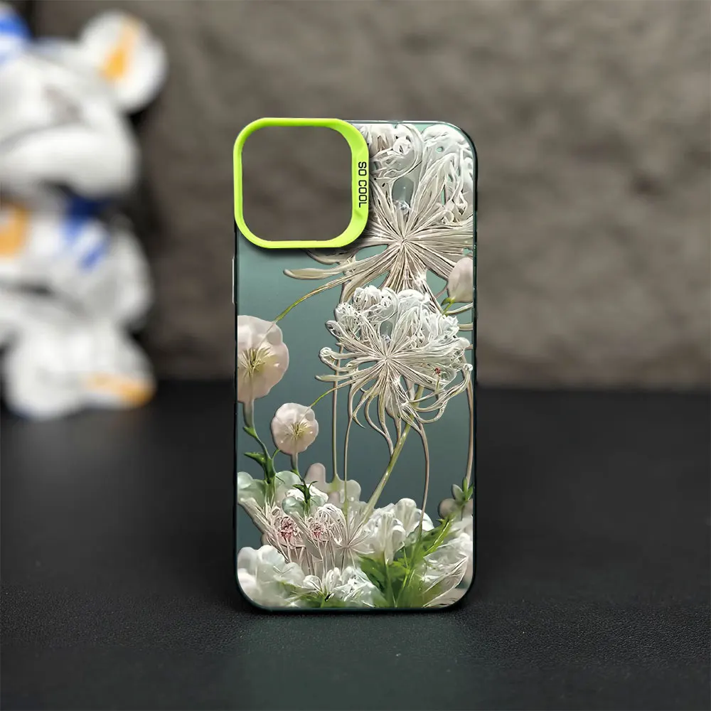 Mirror Korean Museum Flower Printstream Phone Case for iPhone 12 11 13 IMD 14 15 16 Max Pro Plus Laser Cover