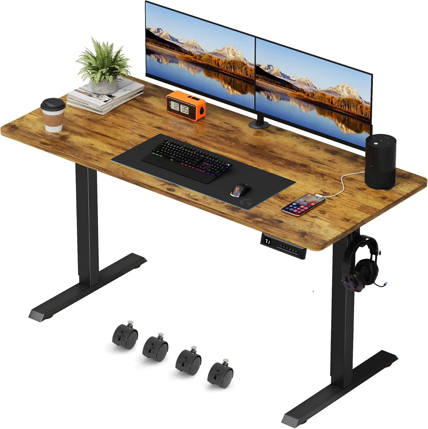 

Электрический регулируемый по высоте стол для дома и офиса, 55 x 24 дюйма, с съемными колесиками (коричневый)