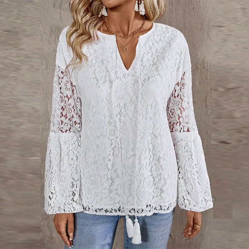 

Women's Hollow Lace Shirt Sexy Deep V-neck Solid Color Loose Long Sleeved Top Summer Women's Retro Breathable T-shirt