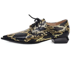 Snake Print Women Loafers Shoes Casual Low Heels Fashion Lace-up Boat Shoes Lady Sexy Pointed Snake EURO Style Oxford Shoes