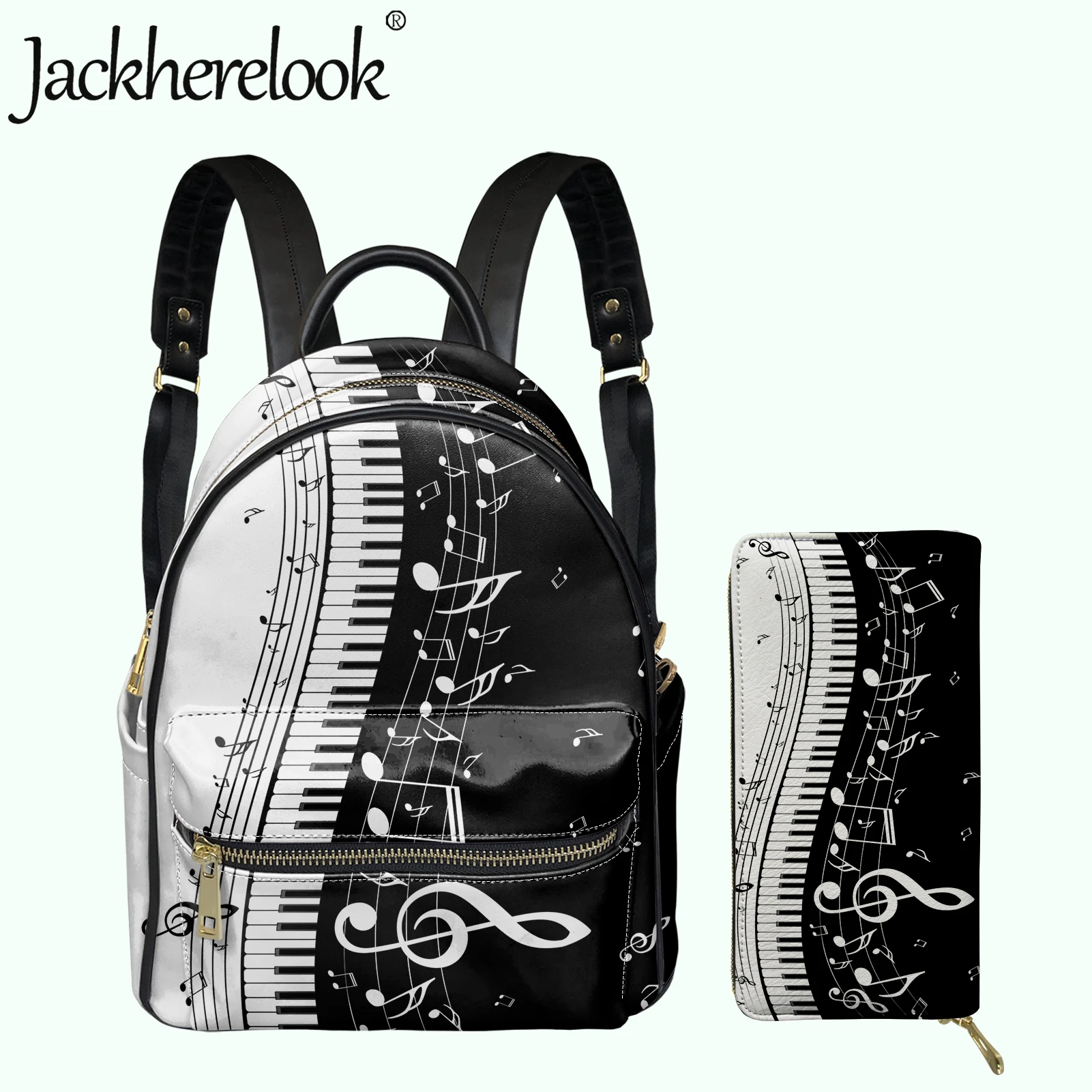 

Jackherelook Fashion Piano Musical Notes Pattern Leather PU Backpack for Women 2Pcs/set School Bag with Purse Girls Satchel 2022