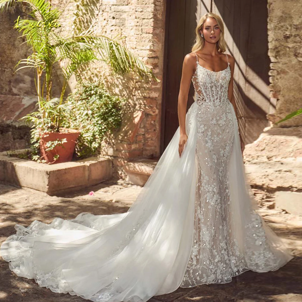 Loverxu sereia vestidos de casamento sexy colher cintas de espaguete vestido de novia bordado trem destacável feito sob encomenda vestido de noiva