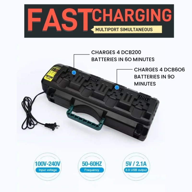 Victpower For Milwaukee M18 14.4V-18V 4-Port Fast Battery Charger with USB Port for Lithium-Ion Batteries in Black