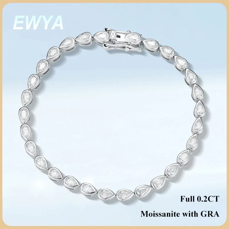 EWYA Full 0.2CT Pear Cut Bezel Type Moissanite Tennis Bracelet for Women Men Party 925 Silver Pass Diamond Test Bracelets GRA