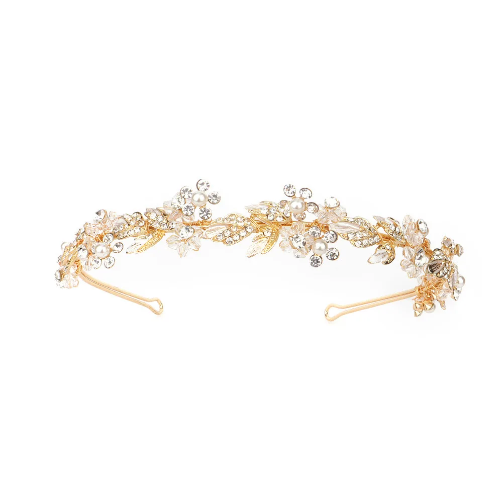 French Elegant Floral Leaf Headband with Pearl Rhinestone for Women Bride Wedding Daily Wear