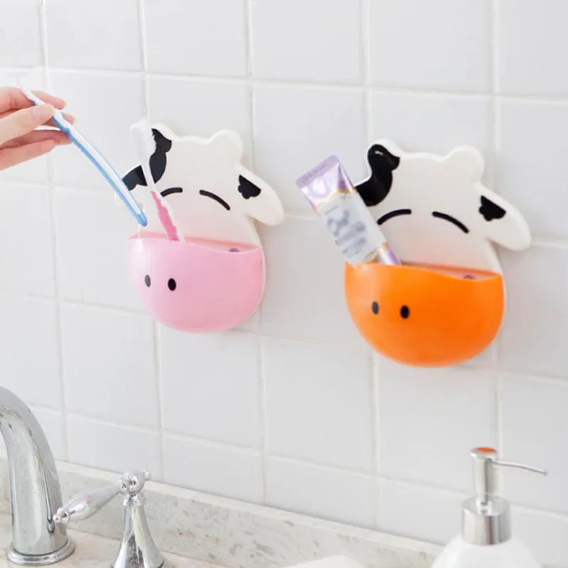 Cute Cow Toothbrush Holder Bathroom Kitchen Family Toothbrush Suction Cups Holder Wall Stand Hook Cups Storage Organizer Shelf