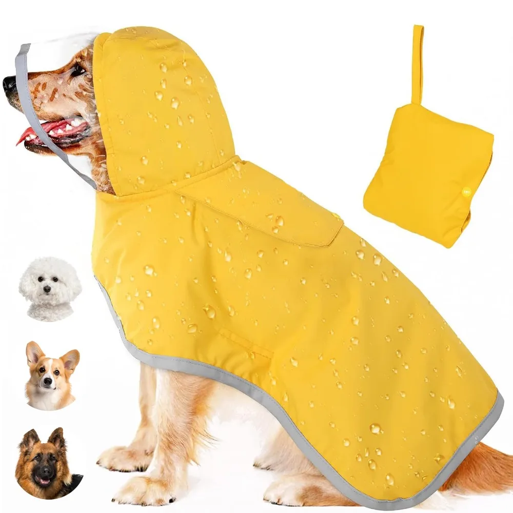 

Adjustable Waterproof Dog Raincoat Cape Style with Transparent Hood Reflective Pockets for Large Dogs