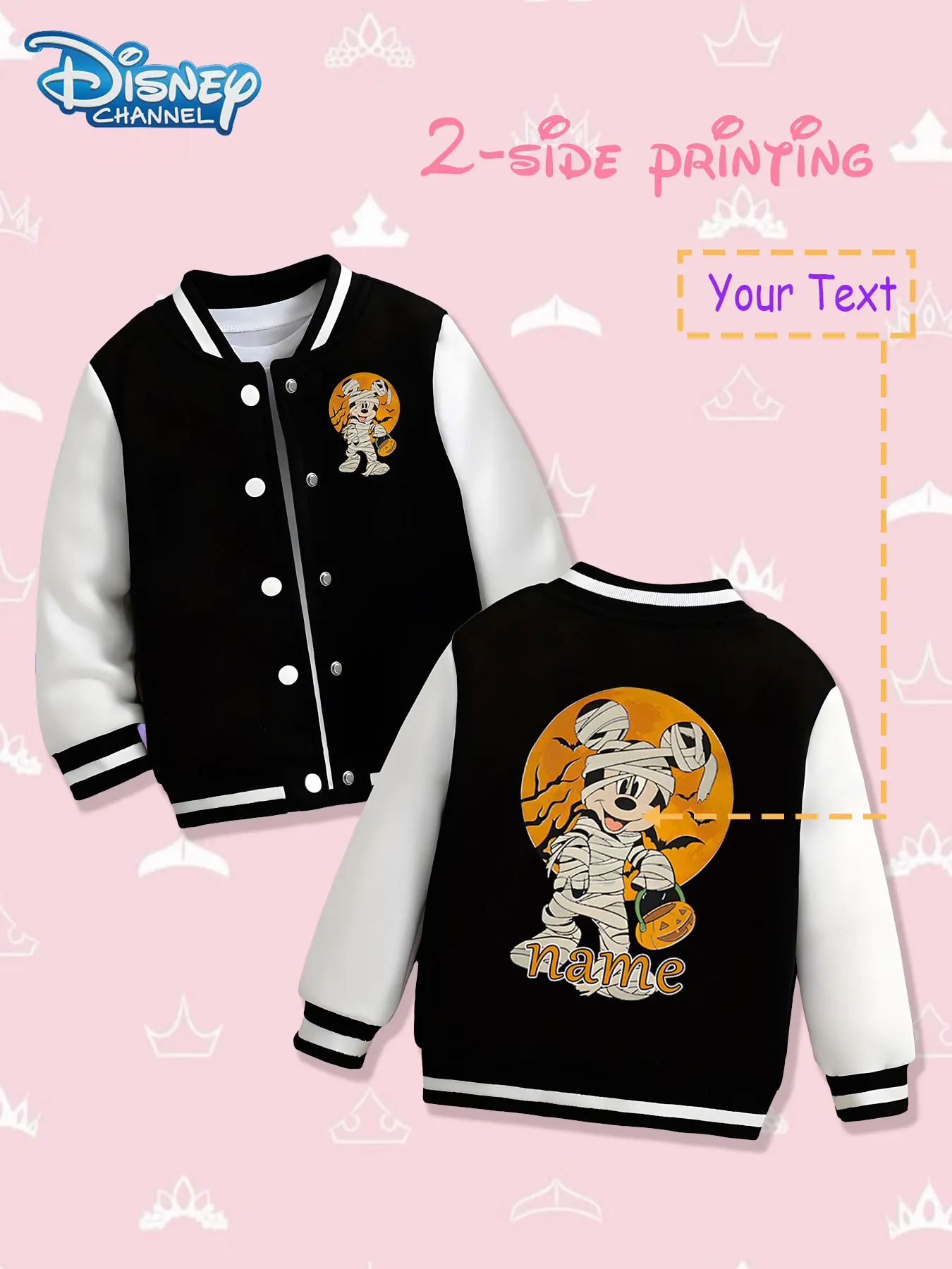 

MINISO Disney Halloween Mummy Mickey Girls Baseball Jacket - Double-sided creative printing, warm in autumn and winter and festi
