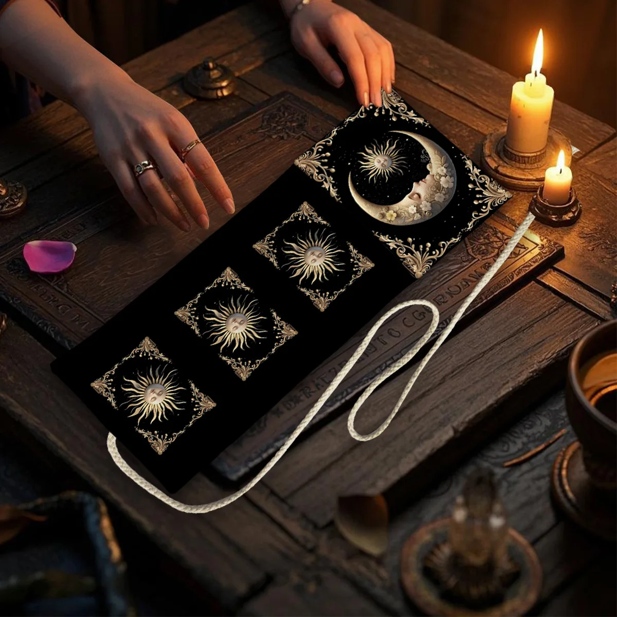 Sonne und Mond Tarot Aufbewahrungstasche Wahrsagerei Wickeltasche Tarotkarten Tischdecke Mysteriöser himmlischer Sternenhimmel Beutel Halloween Deko