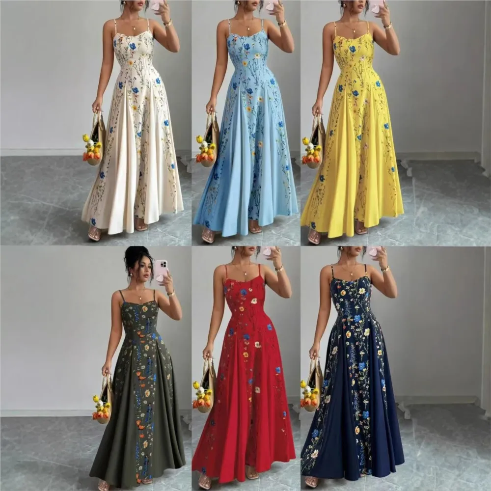 

2026 Women's Clothing Dresses For Ladies Spaghetti Strap Vestido Simple Style Temperament Printed Slim Sling Sleeveless Contrast