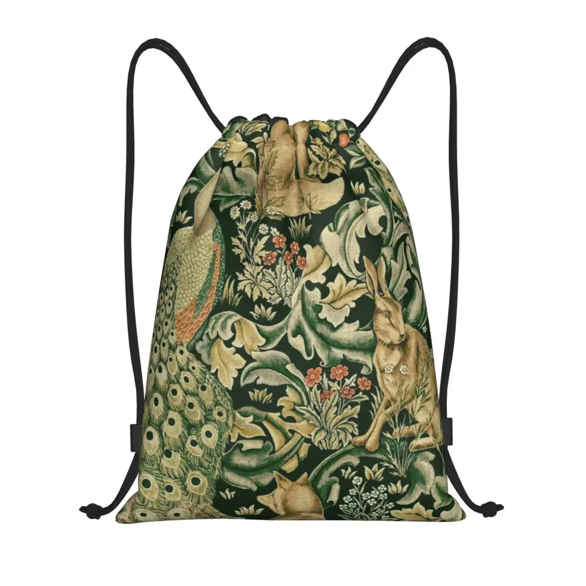 Peacocks And Fox By William Morris Drawstring Backpack Bags Lightweight Forest Textile Gym Sports Sackpack Sacks for Shopping