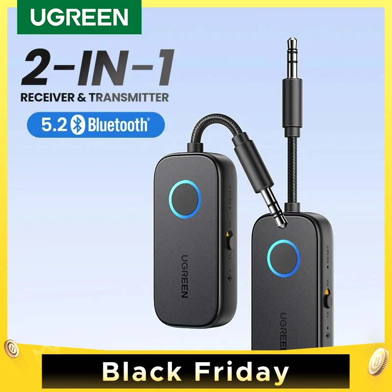 UGREEN Bluetooth Receiver Transmitter Adapter 2-in-1 Wireless Bluetooth 3.5mm Aux Audio Adapter for Flight, TV, Car, Treadmill