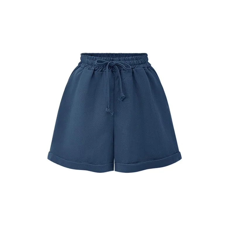 กางเกงขายาวเอวสูงทรงหลวมสำหรับผู้หญิง กางเกงผ้าบางใส่สบายสำหรับฤดูร้อน ไซส์ใหญ่ กางเกงลำลองผ้าโพลีเอสเตอร์ผสมคอตตอน