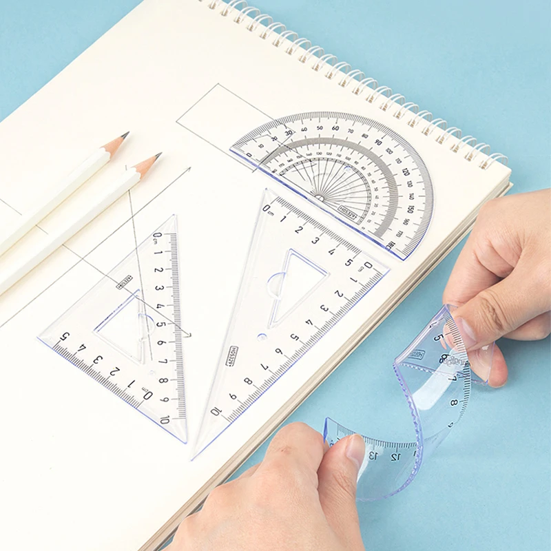 4 개/대 부드러운 구부릴 수있는 직선 눈금자 15cm 20cm 각도기 삼각형 규칙 플라스틱 어린이 학생 문구 용품