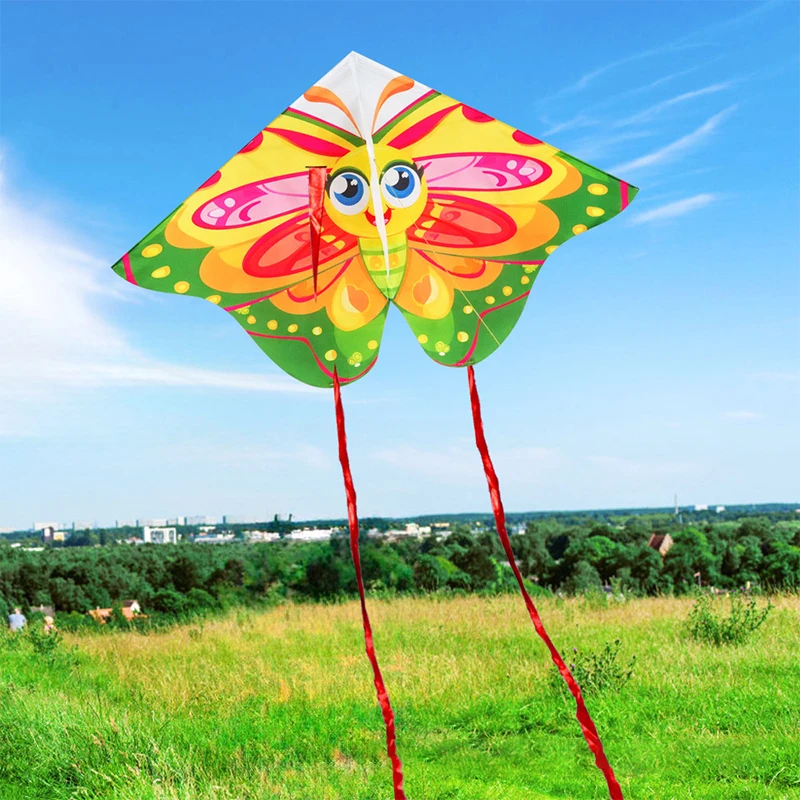 Cometa triangular de mariposa de dibujos animados para niños, cometa de Animal de cola larga colorida con línea de cometa, juego de deportes al aire libre, Juguetes
