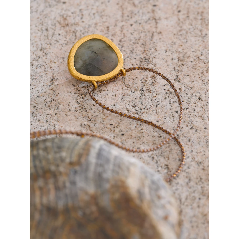 Yhpup Natural Spectrolite Agate Stone Oval Pendant Necklace For Women Golden Stainless Steel Exquisite Fashion Jewelry_maomaolike.com