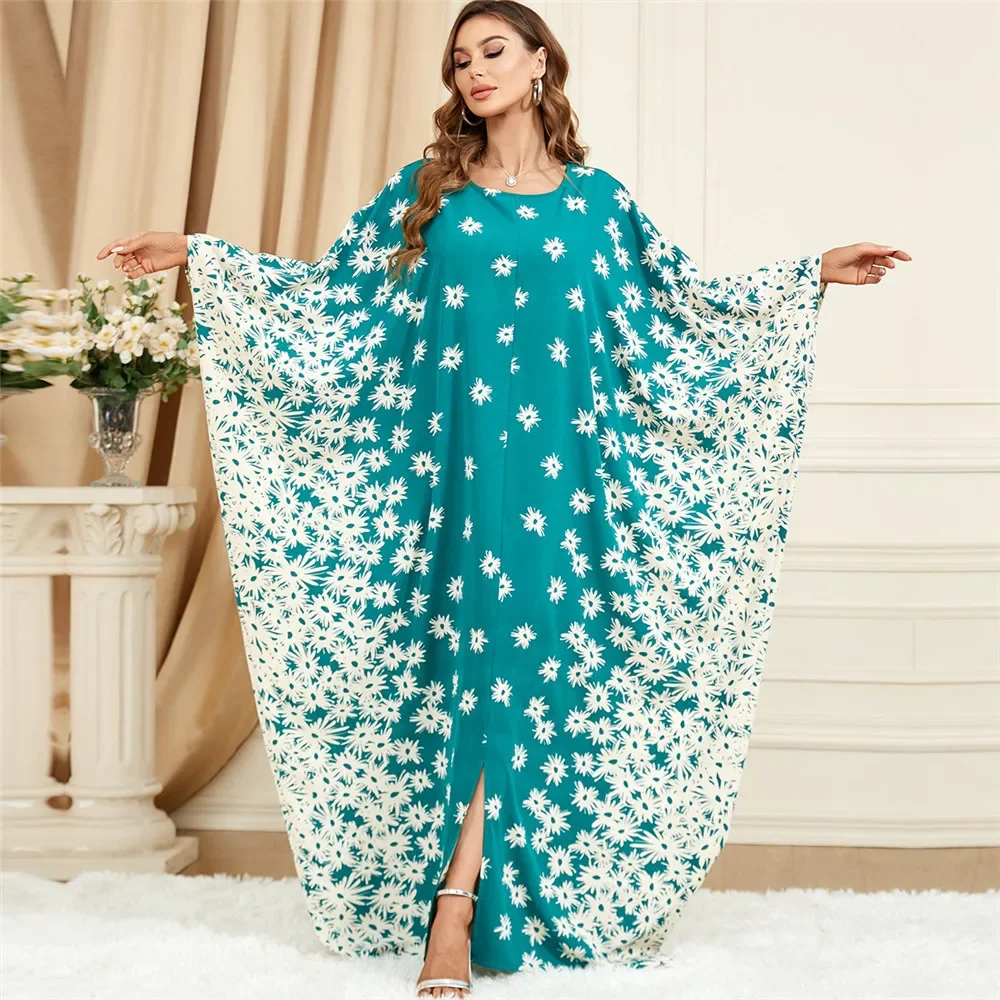 2025 Ramadan Abaya Women Muslim Print Batwing Sleeve Loose Maxi Dress Dubai Turkey Islam Gown Clothing Caftan Morocco femme Robe