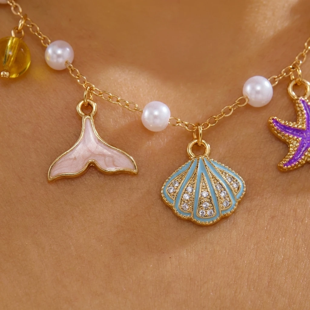 Böhmische handgefertigte Mehrfach-Anhänger-Halskette für Damen – Seestern, Muschel, Krabben-Kette, Choker – Trendiger Ozean-Strand-Urlaubsschmuck – Detail 3